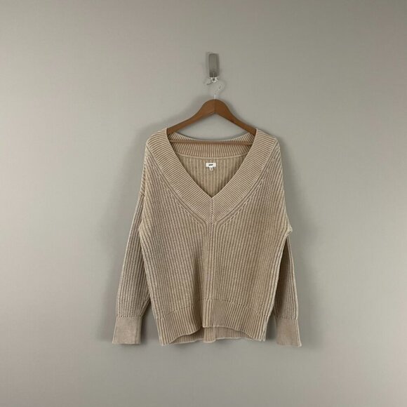 Aerie Sandalwood Rib Knit V Neck Slouchy Cotton Sweater Size Small - Picture 1 of 6